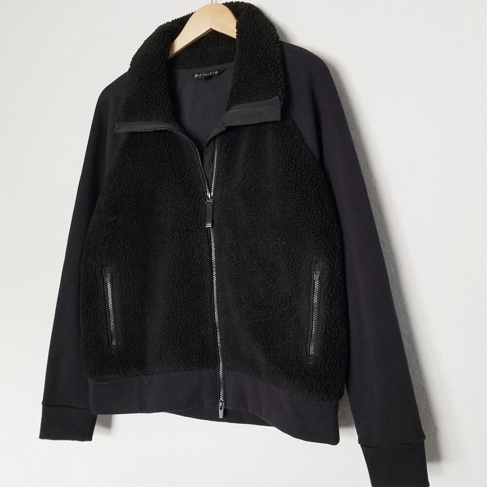 Athleta Black Range Sherpa Mixed Media Full-Zip Jacket Black M Athleisure Cozy